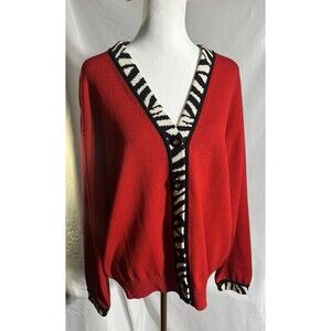 St John Collection Red Cardigan with Zebra Print Sz Large